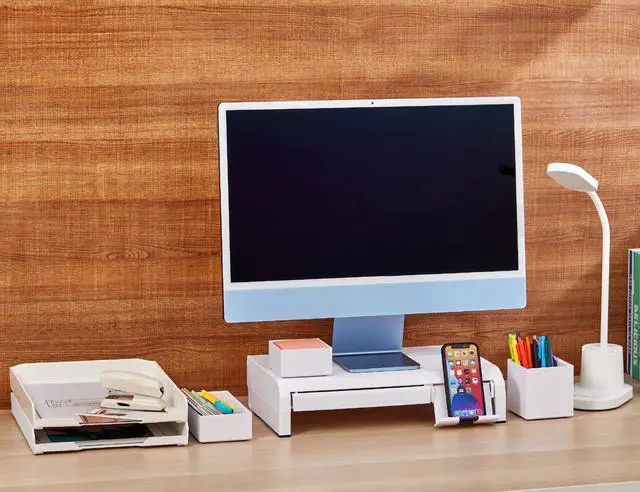 Alt view image 7 of 7 - Konnect Adjustable Monitor Riser with Drawer & Cell Phone Holder, Laptop Stand for Desk, 4 Height Levels, Cable Management & Rubber Feet