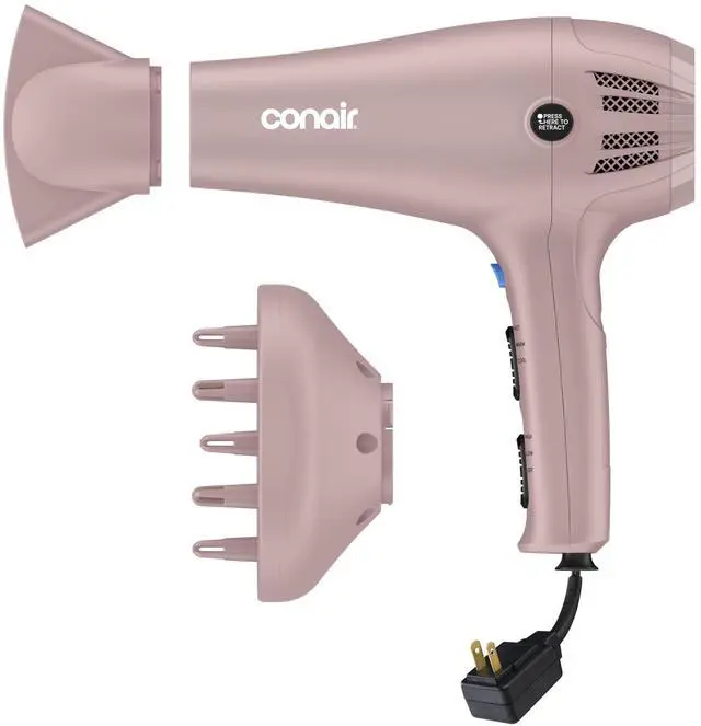 Main image of Hair Dryer with Retractable Cord, 1875W Blow Dryer, 3 Heat Settings, 2 Speeds, Blow Dryer with Diffuser and Concentrator Attachments, Ionic + Tourmaline Technology, Matte Light Pink