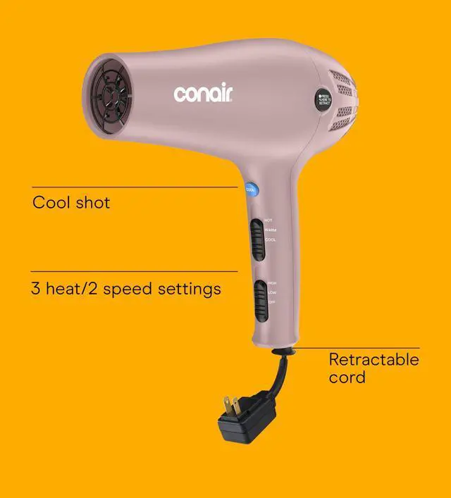 Alt view image 2 of 7 - Hair Dryer with Retractable Cord, 1875W Blow Dryer, 3 Heat Settings, 2 Speeds, Blow Dryer with Diffuser and Concentrator Attachments, Ionic + Tourmaline Technology, Matte Light Pink