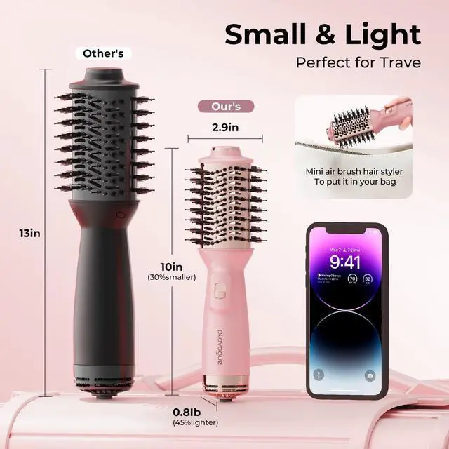 Alt view image 6 of 7 - Mini Dual Voltage Hair Dryer Brush, 700 Watts Travel Hot Air Brush with European PlugIonic One Step Blow Dryer and Styling Brush with Ceramic Coating for Women for Home & Salon (Pink)