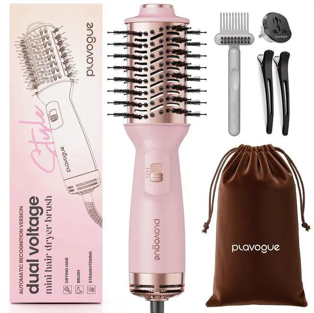 Main image of Mini Dual Voltage Hair Dryer Brush, 700 Watts Travel Hot Air Brush with European PlugIonic One Step Blow Dryer and Styling Brush with Ceramic Coating for Women for Home & Salon (Pink)