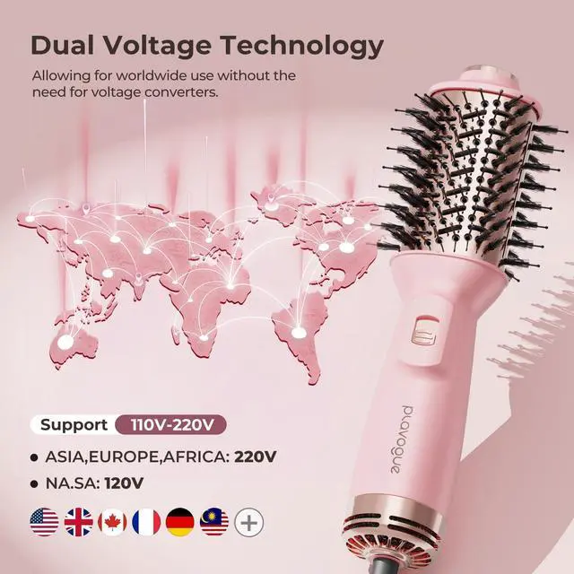 Alt view image 3 of 7 - Mini Dual Voltage Hair Dryer Brush, 700 Watts Travel Hot Air Brush with European PlugIonic One Step Blow Dryer and Styling Brush with Ceramic Coating for Women for Home & Salon (Pink)