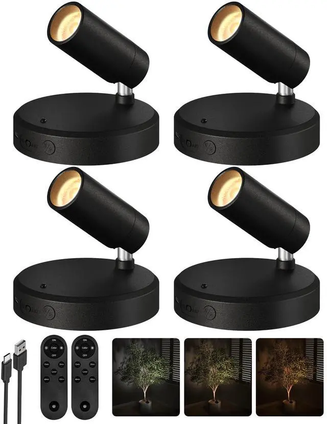 Main image of Spotlights Indoor with Remote, 5500mAh Rechargeable Picture Lights, Wireless LED Uplighting with Timer & Dimmable, 3-CCT, Mini Plant Spot Lights for Painting, Artwork (4-Pack-Black)