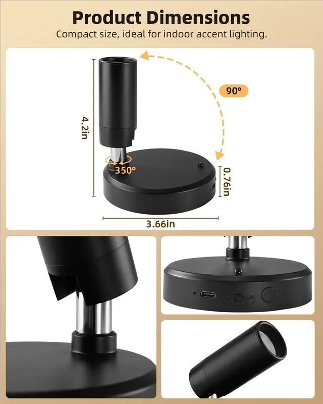 Alt view image 5 of 7 - Spotlights Indoor with Remote, 5500mAh Rechargeable Picture Lights, Wireless LED Uplighting with Timer & Dimmable, 3-CCT, Mini Plant Spot Lights for Painting, Artwork (4-Pack-Black)