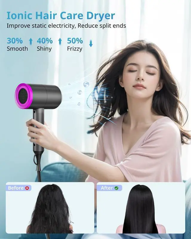 Alt view image 5 of 7 - Ionic Hair Dryer with Diffuser | Professional Blow Dryer for Curly, Frizzy & All Hair Types | Low Noise & Gentle for Sensitive Hair | Compact & Portable Design for Home, Travel, Women & Men