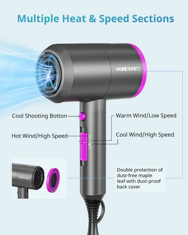 Alt view image 7 of 7 - Ionic Hair Dryer with Diffuser | Professional Blow Dryer for Curly, Frizzy & All Hair Types | Low Noise & Gentle for Sensitive Hair | Compact & Portable Design for Home, Travel, Women & Men
