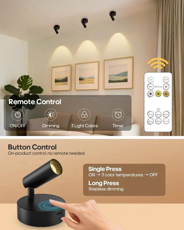 Alt view image 6 of 7 - Spotlights Indoor with Remote, 3000mAh Rechargeable Battery Plant Spotlight Indoor, Wireless Uplighting with 3 Colors & Dimmable, LED Picture Light for Painting, Artwork Accent Lighting(2 Pack)