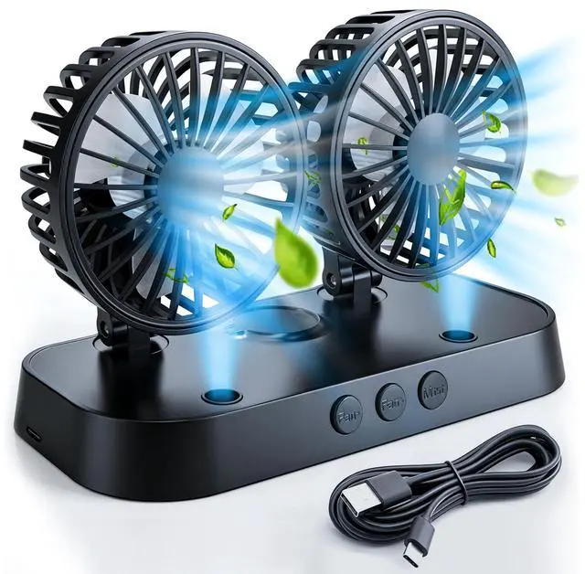 Main image of Car Fan, Portable USB Powered Dual Head Cooling Fan for Car, 360° Rotatable & 2 Speeds Adjustable & Mist Function, Powerful Air Circulation for Vehicle Truck SUV Jeep RV Boat, 12V (black)