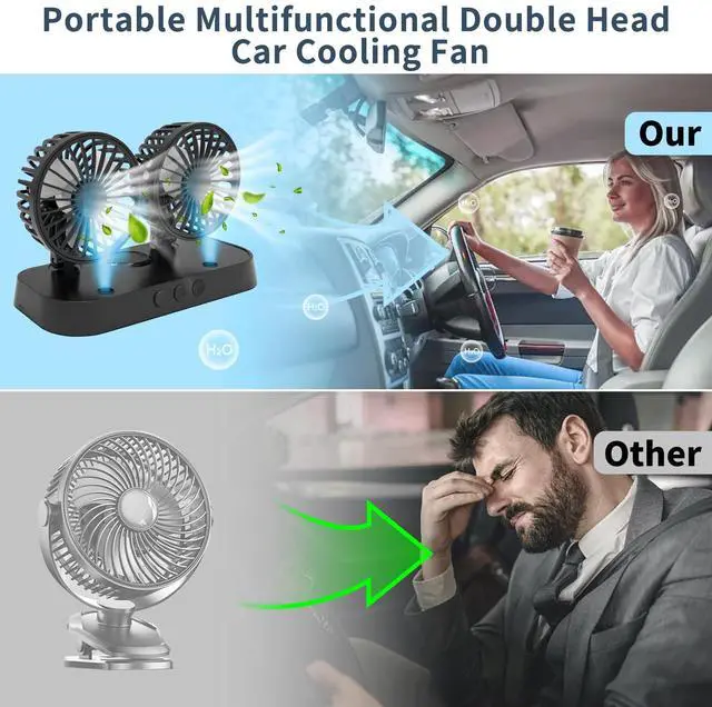 Alt view image 2 of 7 - Car Fan, Portable USB Powered Dual Head Cooling Fan for Car, 360° Rotatable & 2 Speeds Adjustable & Mist Function, Powerful Air Circulation for Vehicle Truck SUV Jeep RV Boat, 12V (black)