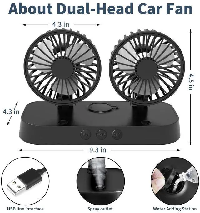 Alt view image 4 of 7 - Car Fan, Portable USB Powered Dual Head Cooling Fan for Car, 360° Rotatable & 2 Speeds Adjustable & Mist Function, Powerful Air Circulation for Vehicle Truck SUV Jeep RV Boat, 12V (black)