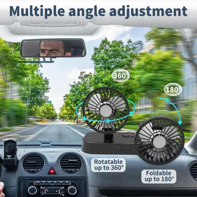 Alt view image 6 of 7 - Car Fan, Portable USB Powered Dual Head Cooling Fan for Car, 360° Rotatable & 2 Speeds Adjustable & Mist Function, Powerful Air Circulation for Vehicle Truck SUV Jeep RV Boat, 12V (black)