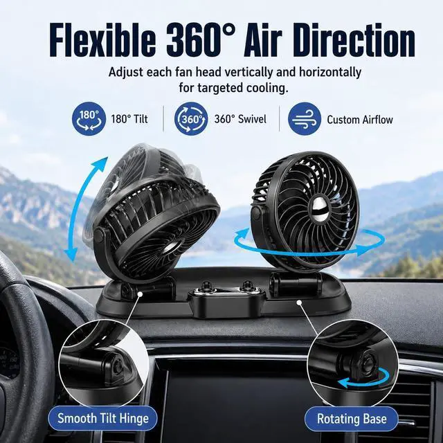 Alt view image 3 of 7 - Dual Head Car Fan, 360° Rotatable & 180° Adjustable USB Car Cooling Fan with Dense Safety Grill, 2.4A USB Powered Portable Auto Air Circulation Fan for Car Dashboard, Truck, SUV, RV, Vehicle Backseat