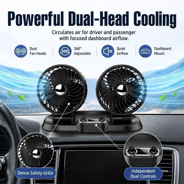 Alt view image 2 of 7 - Dual Head Car Fan, 360° Rotatable & 180° Adjustable USB Car Cooling Fan with Dense Safety Grill, 2.4A USB Powered Portable Auto Air Circulation Fan for Car Dashboard, Truck, SUV, RV, Vehicle Backseat