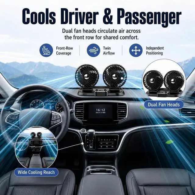 Alt view image 4 of 7 - Dual Head Car Fan, 360° Rotatable & 180° Adjustable USB Car Cooling Fan with Dense Safety Grill, 2.4A USB Powered Portable Auto Air Circulation Fan for Car Dashboard, Truck, SUV, RV, Vehicle Backseat