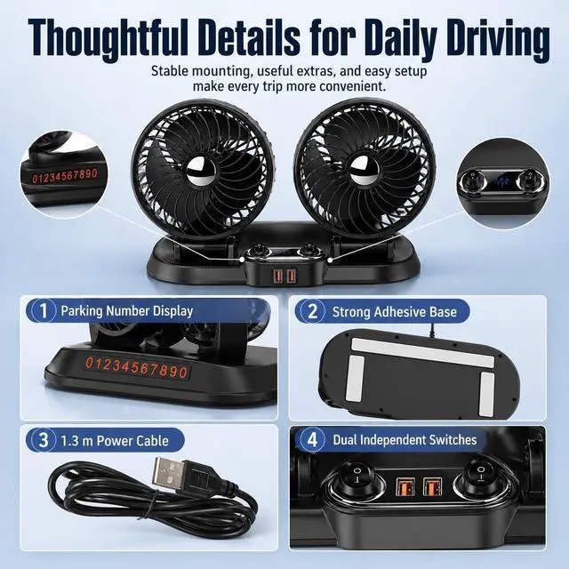 Alt view image 7 of 7 - Dual Head Car Fan, 360° Rotatable & 180° Adjustable USB Car Cooling Fan with Dense Safety Grill, 2.4A USB Powered Portable Auto Air Circulation Fan for Car Dashboard, Truck, SUV, RV, Vehicle Backseat