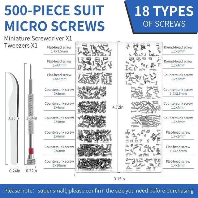 Alt view image 7 of 7 - 500PCS Tiny Screws,Micro Glasses Screws Repair Kit,M1.2/M1.4/M2 with Tweezers,Glasses Laptop Assortment Repair Kit with Screwdriver,for Electronics Hard Drive Watches Jewelry (Silver)