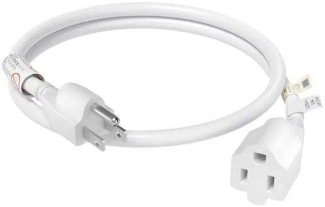Main image of 15 Amp 2 Feet 3 Prong Extension Cord 14 Gauge 1875W White, UL Listed