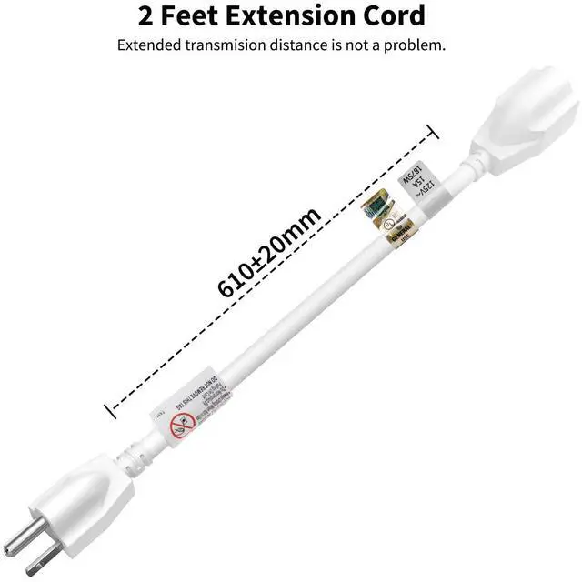 Alt view image 2 of 7 - 15 Amp 2 Feet 3 Prong Extension Cord 14 Gauge 1875W White, UL Listed