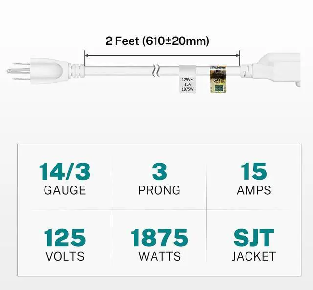 Alt view image 3 of 7 - 15 Amp 2 Feet 3 Prong Extension Cord 14 Gauge 1875W White, UL Listed