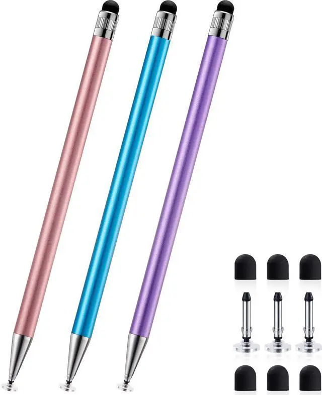 Main image of Stylus Pen for Touchscreen, 3pcs 2-in-1 High Sensitivity and Precision Stylus Pens for iPad iPhone Android Suitable for All Touch Screens (Pink/Blue/Purple)