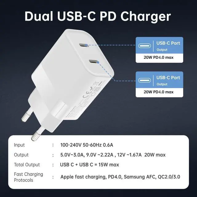 Alt view image 2 of 7 - European Dual USB Type C Fast Charger Europe Travel Adapter Block for Apple iPhone 17 16 15 14 13 12 Pro Max SE iPad Samsung Pixel Moto EU Euro International Wall Plug France Spain Israel 40W PD PPS