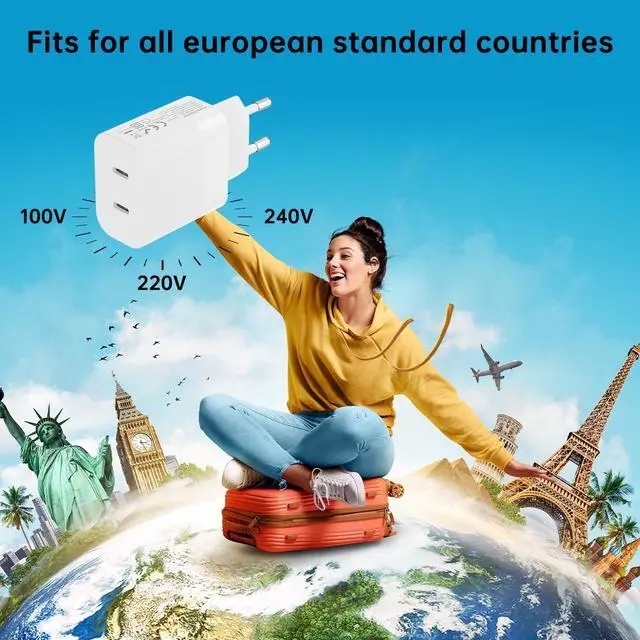 Alt view image 4 of 7 - European Dual USB Type C Fast Charger Europe Travel Adapter Block for Apple iPhone 17 16 15 14 13 12 Pro Max SE iPad Samsung Pixel Moto EU Euro International Wall Plug France Spain Israel 40W PD PPS