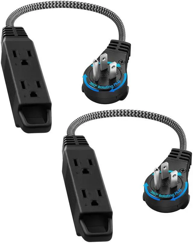 Main image of 1FT 360° Rotating Flat Plug Extension Cord Flat Wall Plug with 3 Outlets, Braided Flat Black Extension Cord for Indoor Use, Small Space, 16/3C SPT, ETL Listed, 2 Pack