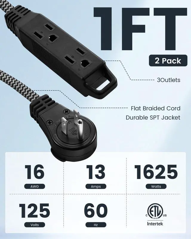 Alt view image 2 of 7 - 1FT 360° Rotating Flat Plug Extension Cord Flat Wall Plug with 3 Outlets, Braided Flat Black Extension Cord for Indoor Use, Small Space, 16/3C SPT, ETL Listed, 2 Pack