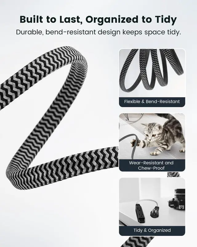 Alt view image 5 of 7 - 1FT 360° Rotating Flat Plug Extension Cord Flat Wall Plug with 3 Outlets, Braided Flat Black Extension Cord for Indoor Use, Small Space, 16/3C SPT, ETL Listed, 2 Pack