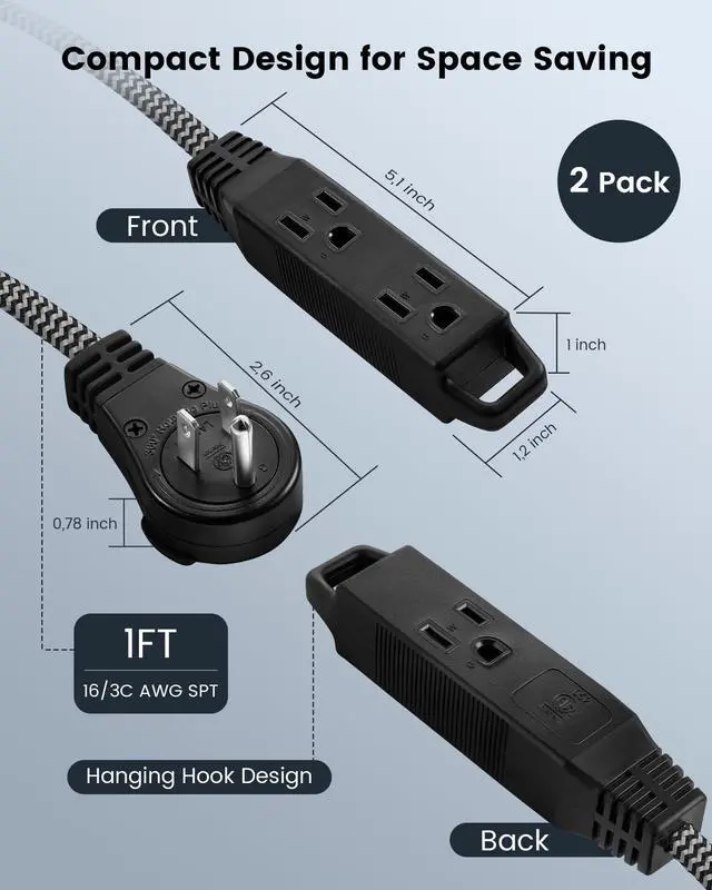 Alt view image 7 of 7 - 1FT 360° Rotating Flat Plug Extension Cord Flat Wall Plug with 3 Outlets, Braided Flat Black Extension Cord for Indoor Use, Small Space, 16/3C SPT, ETL Listed, 2 Pack