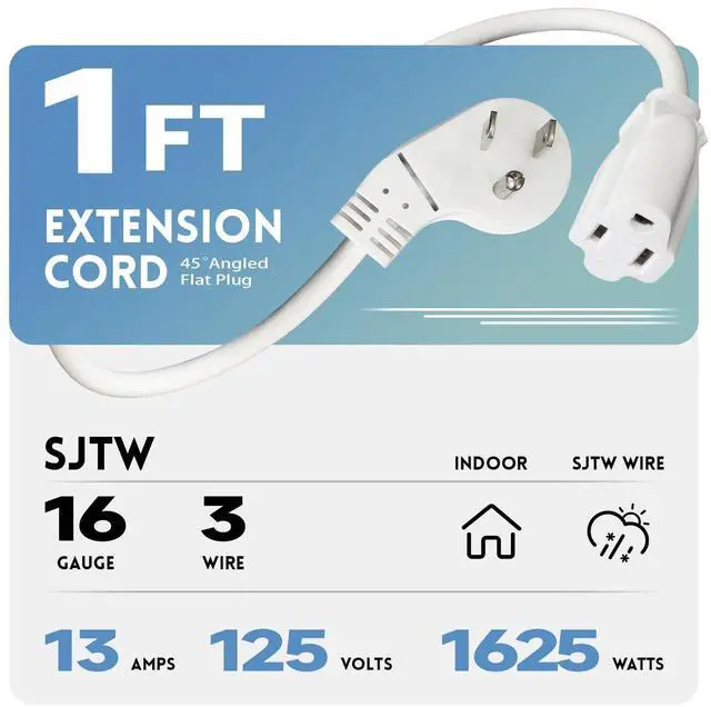 Alt view image 2 of 7 - 3 Pack 1 Ft Indoor Short Flat Plug Extension Cord, Low Profile 3 Prong Grounded Flexible White Power Cable for Laptops, Coffee Makers, Office Home Appliances, 16/3 Gauge 13A 125V 1625W ETL Listed