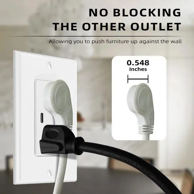 Alt view image 5 of 7 - 3 Pack 1 Ft Indoor Short Flat Plug Extension Cord, Low Profile 3 Prong Grounded Flexible White Power Cable for Laptops, Coffee Makers, Office Home Appliances, 16/3 Gauge 13A 125V 1625W ETL Listed