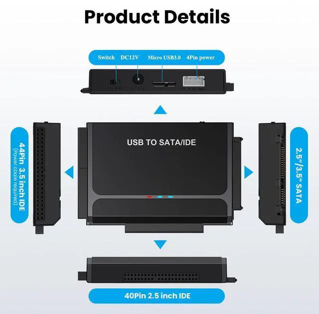 Alt view image 4 of 7 - USB 3.0 & Type C to SATA IDE Adapter Hard Drive Reader Universal Data Recovery Converter Kit for Universal 2.5" 3.5" HDD SSD Hard Drive Disk, 12V/2A Power Adapter Included
