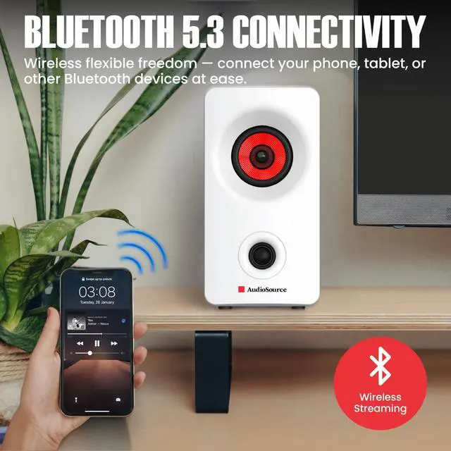 Alt view image 2 of 7 - Desktop PC Speakers with Bluetooth 5.3, USB-C Plug & Play, 2.0 Stereo Computer Speakers with Dual 2" Drivers, Compact Design, AUX Input, LED Indicator (White)