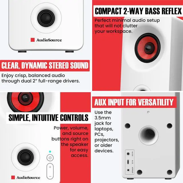 Alt view image 6 of 7 - Desktop PC Speakers with Bluetooth 5.3, USB-C Plug & Play, 2.0 Stereo Computer Speakers with Dual 2" Drivers, Compact Design, AUX Input, LED Indicator (White)