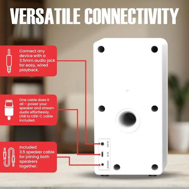 Alt view image 5 of 7 - Desktop PC Speakers with Bluetooth 5.3, USB-C Plug & Play, 2.0 Stereo Computer Speakers with Dual 2" Drivers, Compact Design, AUX Input, LED Indicator (White)