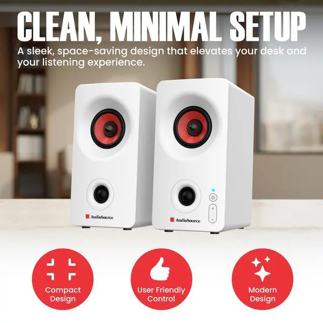 Alt view image 7 of 7 - Desktop PC Speakers with Bluetooth 5.3, USB-C Plug & Play, 2.0 Stereo Computer Speakers with Dual 2" Drivers, Compact Design, AUX Input, LED Indicator (White)