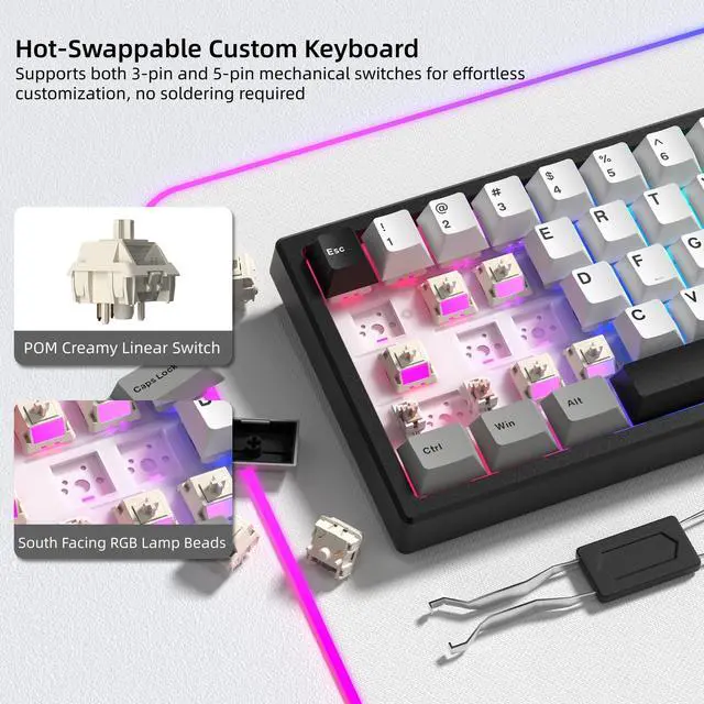 Alt view image 3 of 6 - Wireless 60% Gaming Keyboard with CNC Knob, QMK/VIA Creamy Mechanical Keyboard, Tri-Mode Thocky Custom Black White Key Board, Hot Swappable Gasket Mount RGB for Win/Mac(Q61 V2)