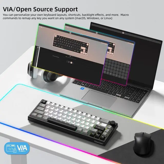 Alt view image 5 of 6 - Wireless 60% Gaming Keyboard with CNC Knob, QMK/VIA Creamy Mechanical Keyboard, Tri-Mode Thocky Custom Black White Key Board, Hot Swappable Gasket Mount RGB for Win/Mac(Q61 V2)