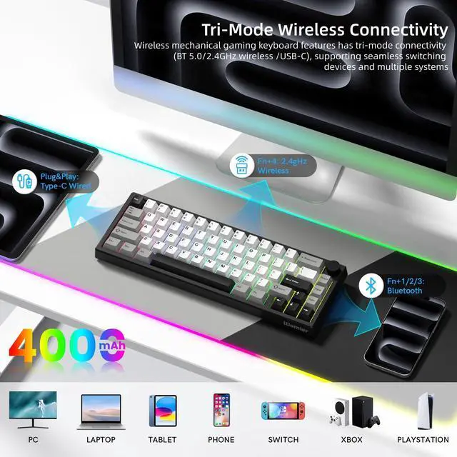 Alt view image 2 of 6 - Wireless 60% Gaming Keyboard with CNC Knob, QMK/VIA Creamy Mechanical Keyboard, Tri-Mode Thocky Custom Black White Key Board, Hot Swappable Gasket Mount RGB for Win/Mac(Q61 V2)