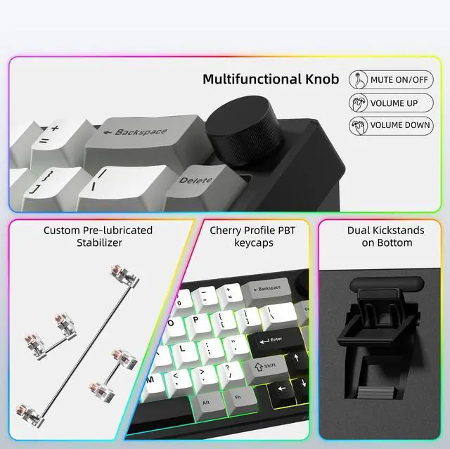 Alt view image 6 of 6 - Wireless 60% Gaming Keyboard with CNC Knob, QMK/VIA Creamy Mechanical Keyboard, Tri-Mode Thocky Custom Black White Key Board, Hot Swappable Gasket Mount RGB for Win/Mac(Q61 V2)