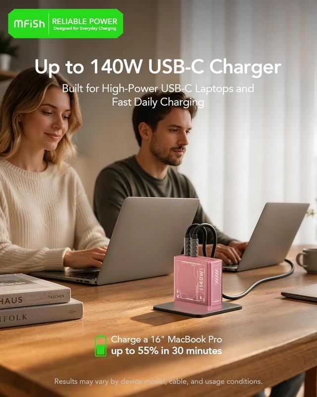 Alt view image 3 of 7 - 140W USB C Charger Block, 4-Port PD 3.1 GaN Laptop Charger, Pink Fast Charging, Foldable Plug, USB-C Wall Charger & Power Adapter for MacBook Air/Pro, iPad, iPhone 17/16 Series, Galaxy S25