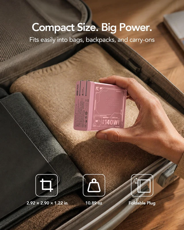 Alt view image 4 of 7 - 140W USB C Charger Block, 4-Port PD 3.1 GaN Laptop Charger, Pink Fast Charging, Foldable Plug, USB-C Wall Charger & Power Adapter for MacBook Air/Pro, iPad, iPhone 17/16 Series, Galaxy S25