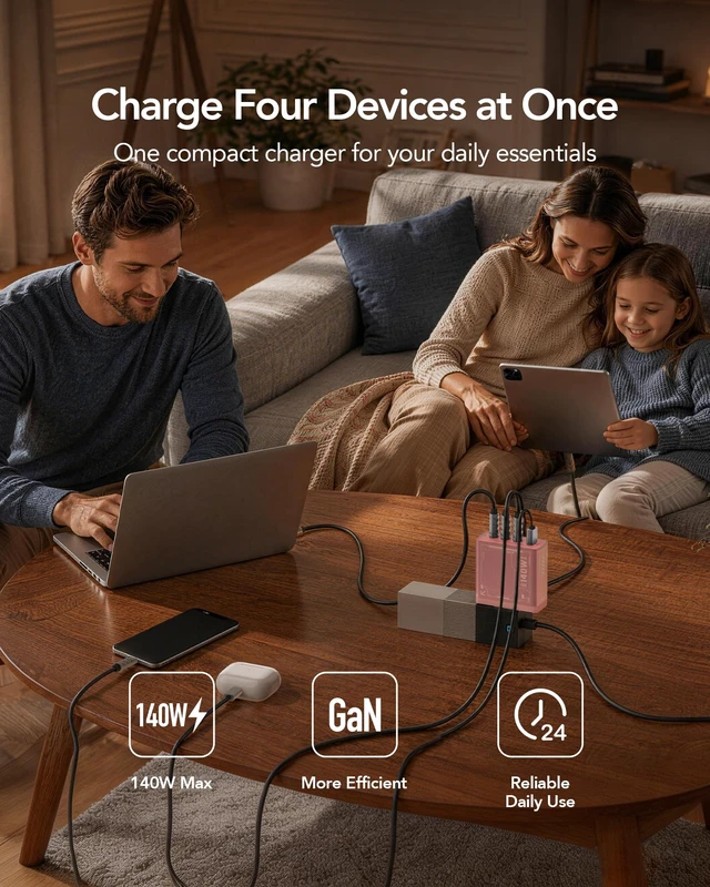Alt view image 2 of 7 - 140W USB C Charger Block, 4-Port PD 3.1 GaN Laptop Charger, Pink Fast Charging, Foldable Plug, USB-C Wall Charger & Power Adapter for MacBook Air/Pro, iPad, iPhone 17/16 Series, Galaxy S25