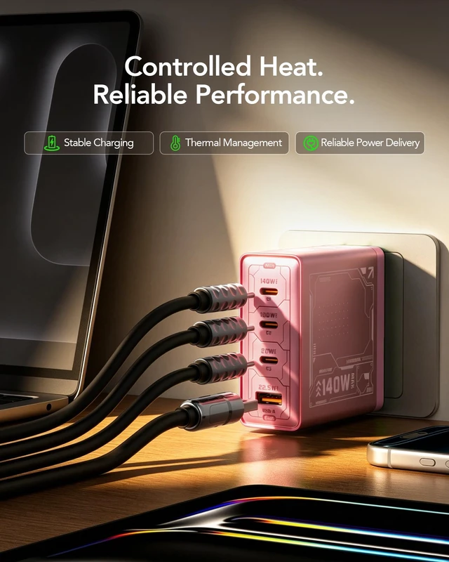 Alt view image 6 of 7 - 140W USB C Charger Block, 4-Port PD 3.1 GaN Laptop Charger, Pink Fast Charging, Foldable Plug, USB-C Wall Charger & Power Adapter for MacBook Air/Pro, iPad, iPhone 17/16 Series, Galaxy S25