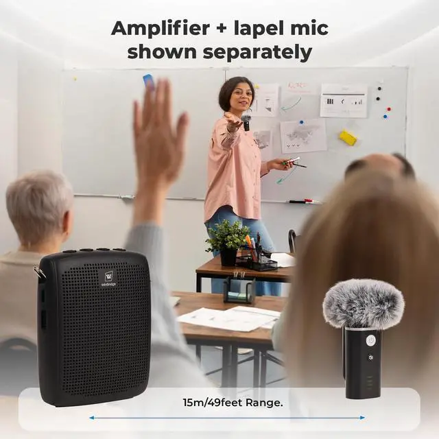 Alt view image 2 of 7 - Wireless Voice Amplifier with Bluetooth Lapel Microphone for Teaching, Classroom Lecturing, ABS 49ft, 12-15H Portable Personal Mini Amp Lavalier Mic Speaker for Teachers - WB006