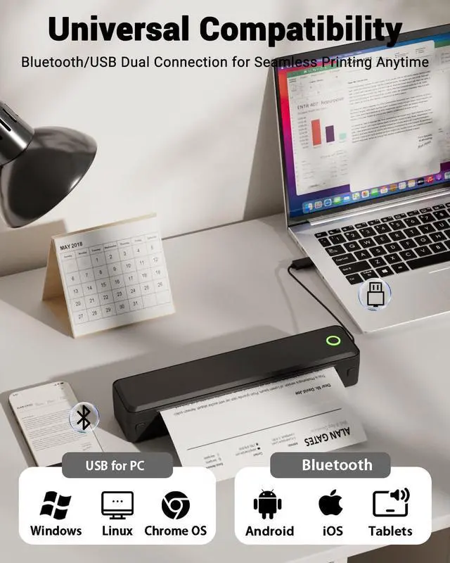 Alt view image 2 of 7 - Portable Thermal Printer, Wireless Inkless Bluetooth Printer for Travel, Compatible with iPhone, Android, Laptop & PC, Supports Letter, A4 & A5 Thermal Paper Black