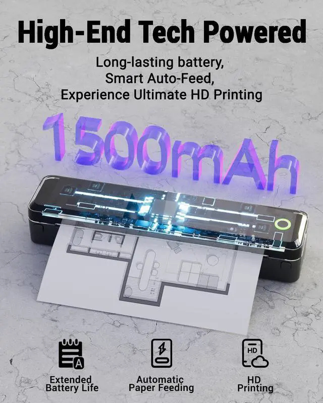 Alt view image 6 of 7 - Portable Thermal Printer, Wireless Inkless Bluetooth Printer for Travel, Compatible with iPhone, Android, Laptop & PC, Supports Letter, A4 & A5 Thermal Paper Black