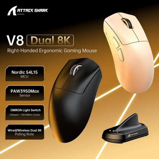Alt view image 3 of 7 - ATTACKSHARK V8 Wireless Ultralight Gaming Mouse with 8K Polling,42000 DPI,Nordic54L15 MCU Chip,PAW3950 Max Sensor-Wired/BT/2.4Ghz,400Hrs Long Battery,Programmable for PC Mac FPS(White+Tape)