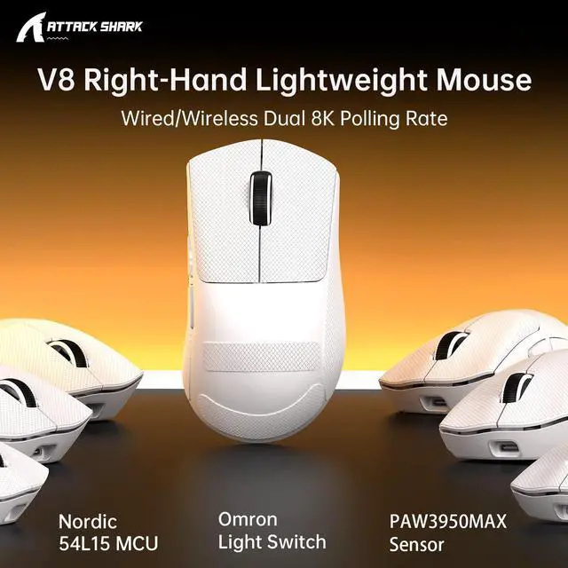 Alt view image 6 of 7 - ATTACKSHARK V8 Wireless Ultralight Gaming Mouse with 8K Polling,42000 DPI,Nordic54L15 MCU Chip,PAW3950 Max Sensor-Wired/BT/2.4Ghz,400Hrs Long Battery,Programmable for PC Mac FPS(White+Tape)